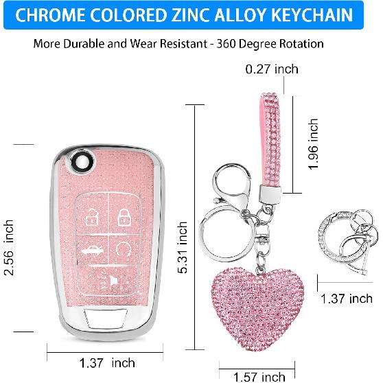 QBUC for Chevy Key Fob Cover with Diamond Keychain, for Chevrolet Equinox Malibu Camaro Cruze Impala GMC, for Buick LaCrosse Regal Allure Key
