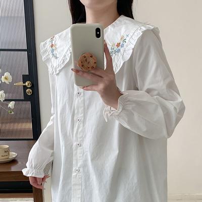 2025 New Autumn Style Literary Loose Doll Collar Embroidered Shirt Women's Pure Cotton Long-sleeved Top Cute