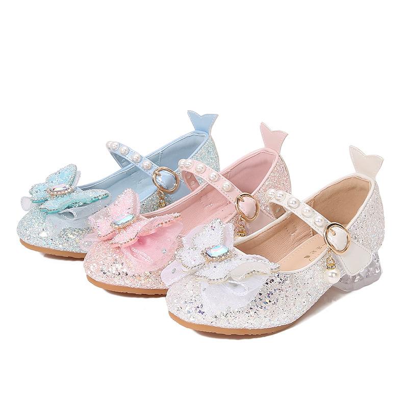 Girls' Single Shoes Elsa Princess Shoes New Spring and Autumn Style Baby Girls' Crystal Shoes Small Leather Shoes Children's High Heels