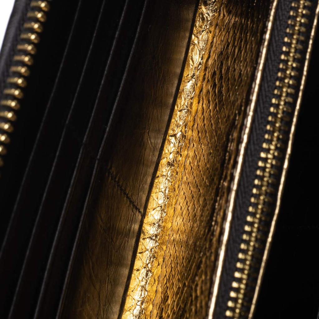 [Revetta] Crocodile Long Wallet, Gold Python Interior, Crocodile Leather, L-shaped, Men's, Genuine Leather, Round Zipper, Black, Matte Finish [081-5cr