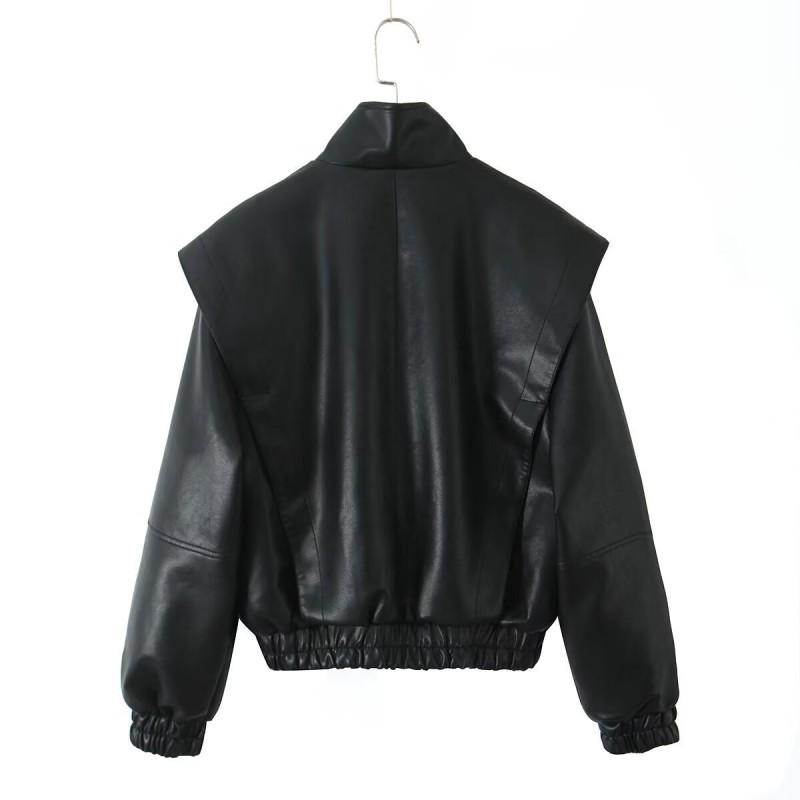 Womens Vintage Inspired Bomber Jacket PU Leather Long Sleeve Loose Fit Streetwear Outerwear