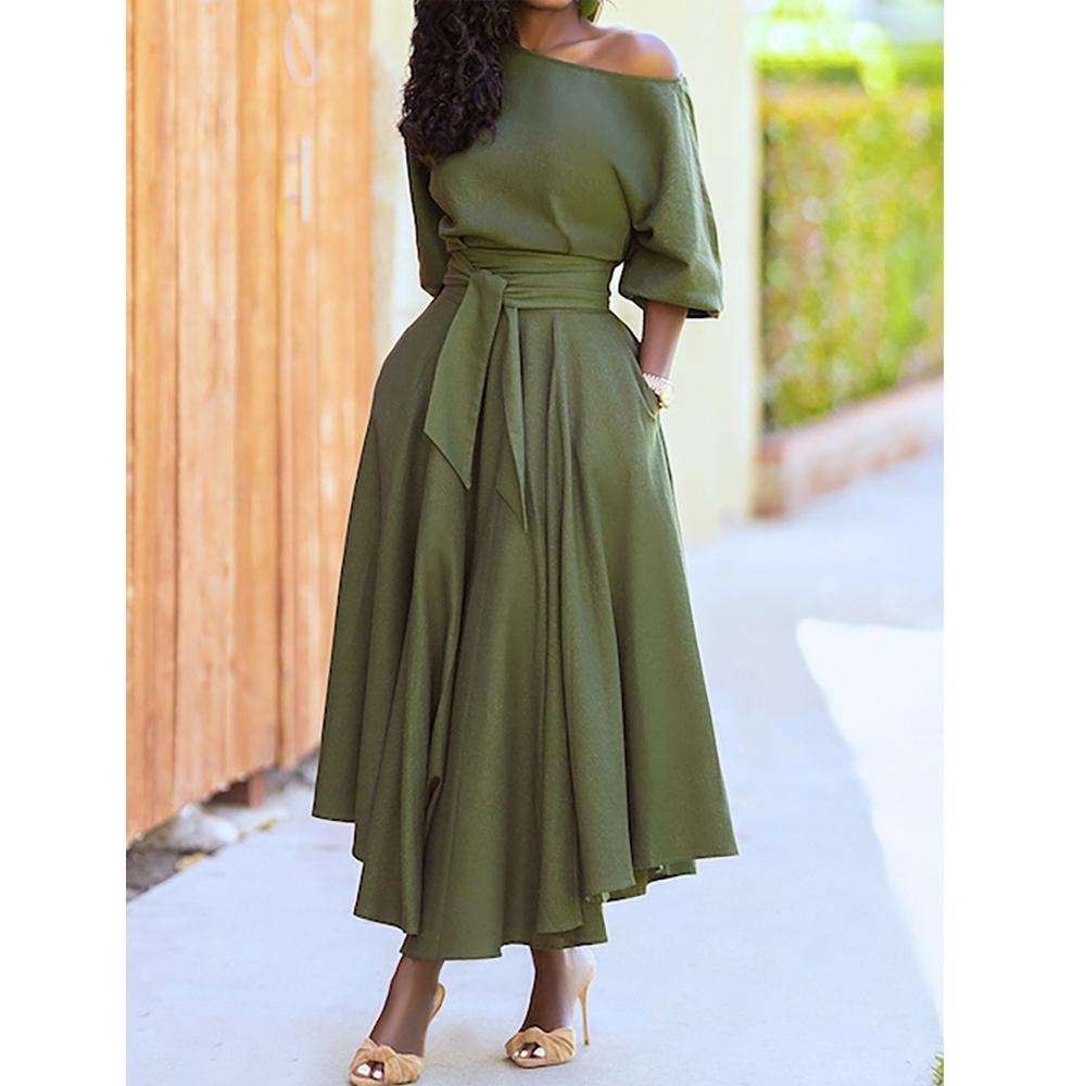 2023 Sommer Schräger Schulterkragen Träger Rock Taille Temperament Einfarbiges Kleid Damen
