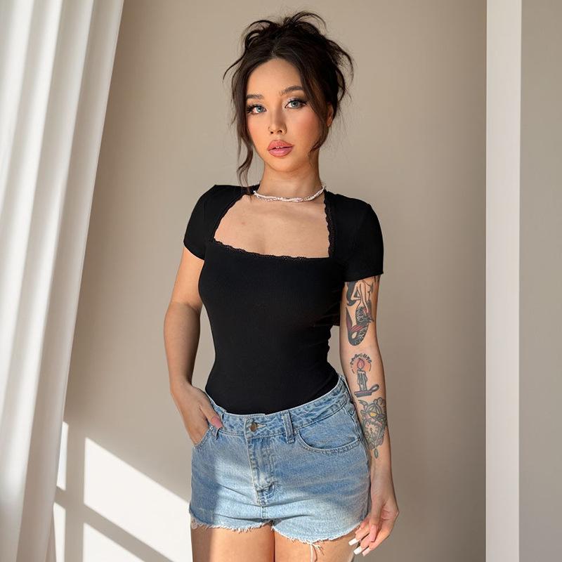 Y2K evropský a americký podzimní sexy krajkový overal se čtvercovým výstřihem slim fit jednobarevný ležérní top dámské oblečení s krátkým rukávem