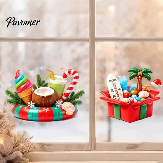 Easy Apply Window Decals Christmas in July Clings, Tropical Summer Candy Cane Gift Box Clings Decal, Beach Hawaiian Xmas Party Decoration for