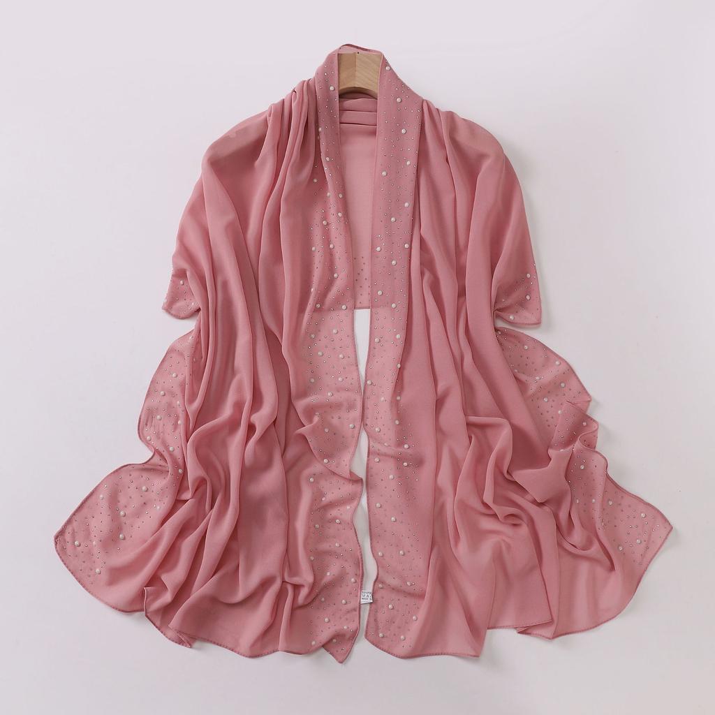 Pearl Chiffon Scarf With Ceramic Diamond Long Shawl For Women