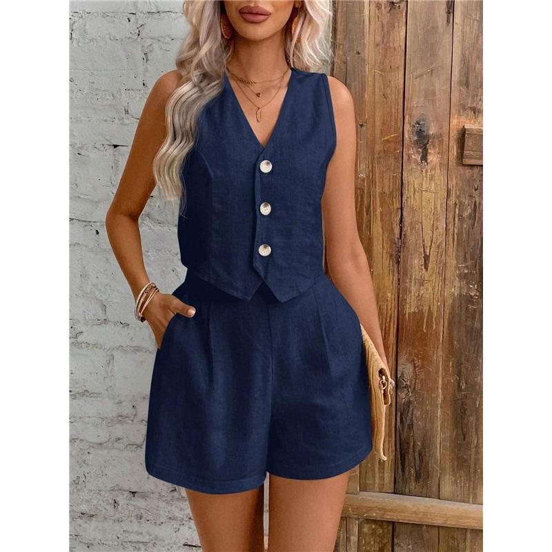 Women 2 Piece Outfit V Neck Sleeveless Button Vest High Waist Pocket Shorts Summer Linen Suit