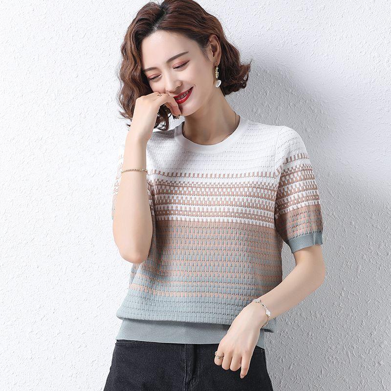 Women's Plus Size Striped Short Sleeved Knitted T-shirt Middle-aged Women's Clothing Ice Silk Knitted T-shirt