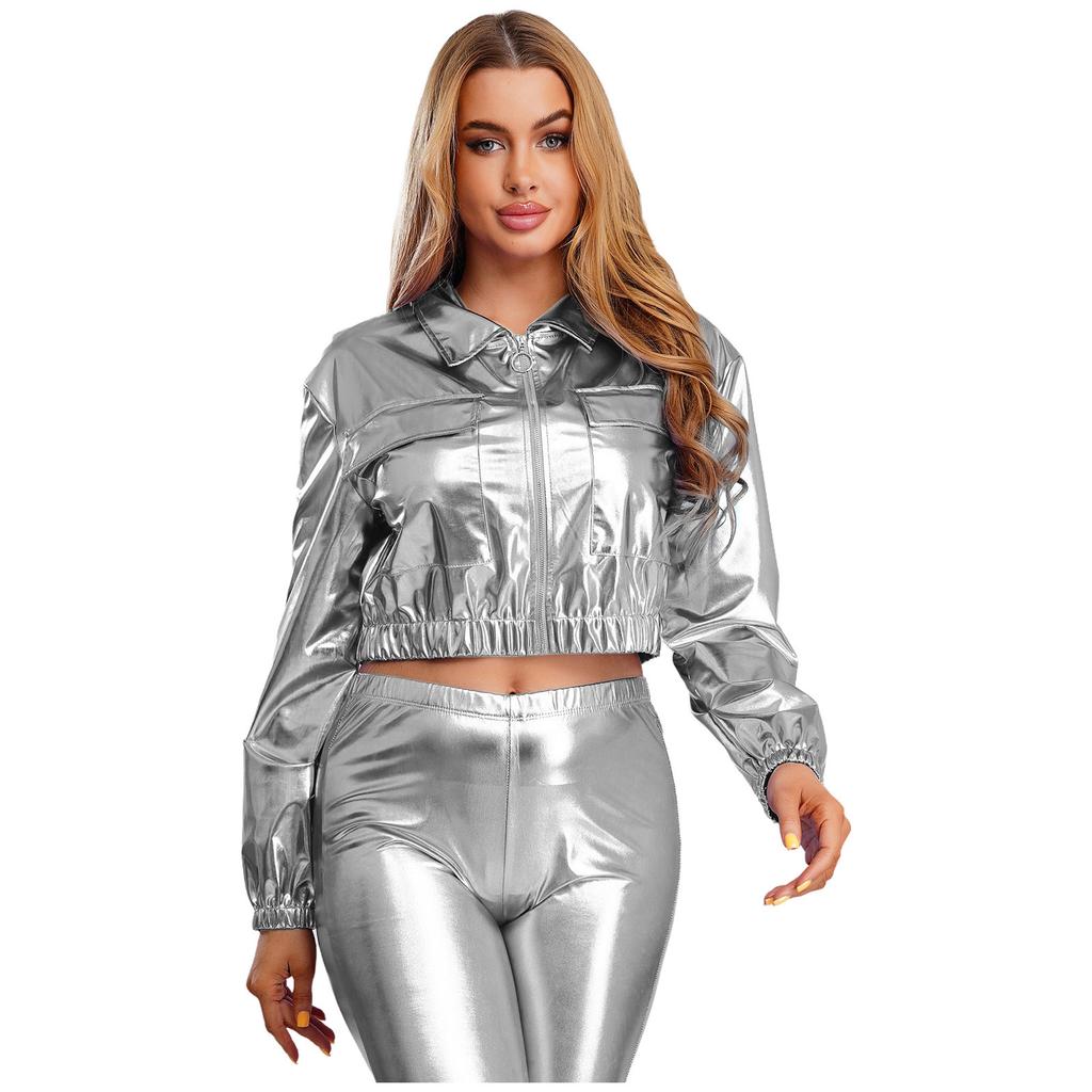 Womens Metallic Shiny Cropped Jacket Lapel Long Sleeve Front Zipper Biker Jacket