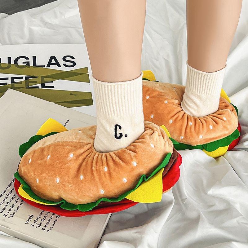Papuci de bumbac amuzanți de modă pentru femei, pantofi drăguți cu desene animate hamburger, mărime unică, adidași, papuci de casă de interior pentru femei, papuci calduroși de iarnă, unisex