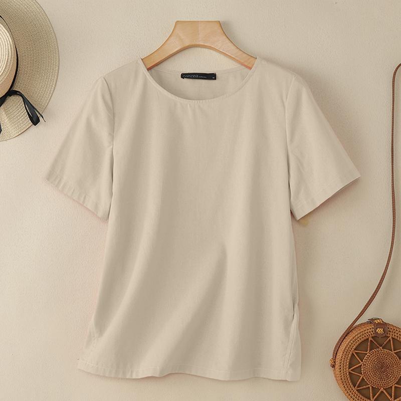 

ZANZEA Женская повседневная летняя блузка с круглым вырезом и коротким рукавом XL абрикосовый