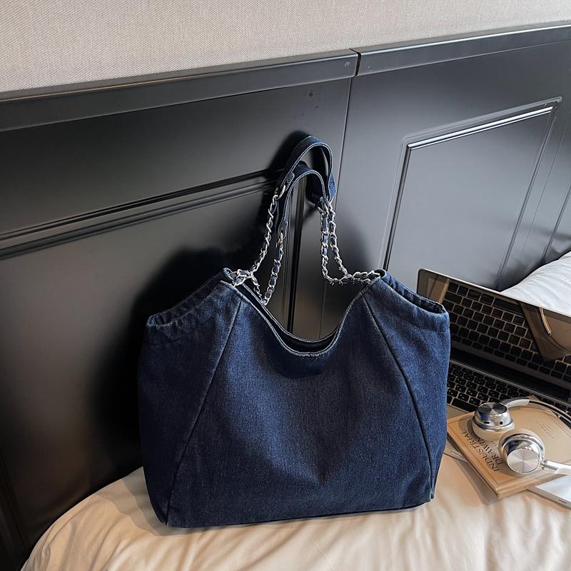 Large Capacity Tote Bag Women's Commuter Denim Shoulder Bag Chains Bag