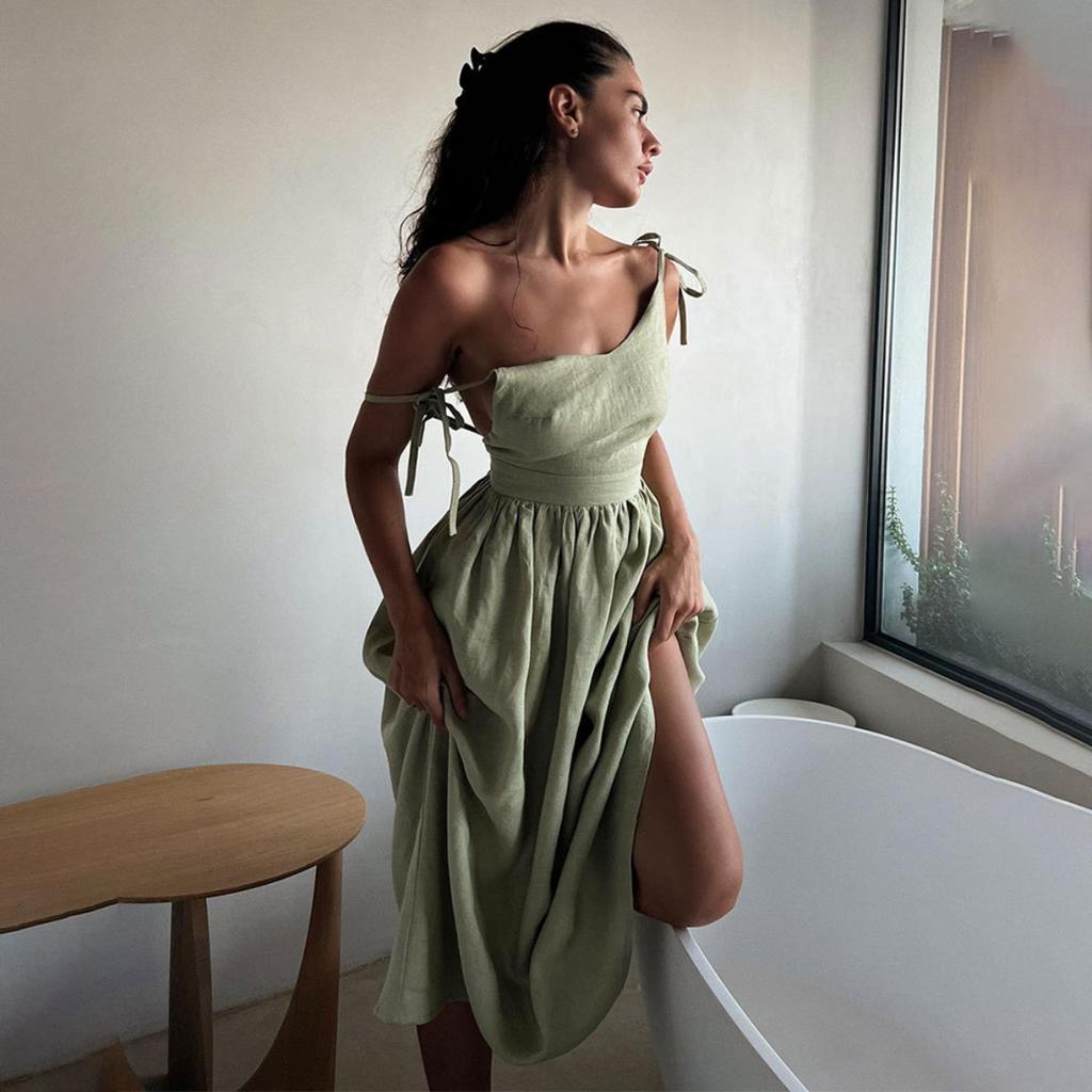 Spring New 100% Cotton V-neck Cami Dress, Women's Elegant Sexy Tie-back Open Back Dress, Cross-border European American Style