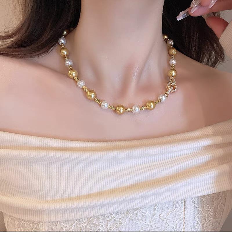 

Tooxika Luxury Simple Champagne Gold Pearl Beaded Necklace Sweet Cool Wind Temperament Collarbone Chain Jumper Chain