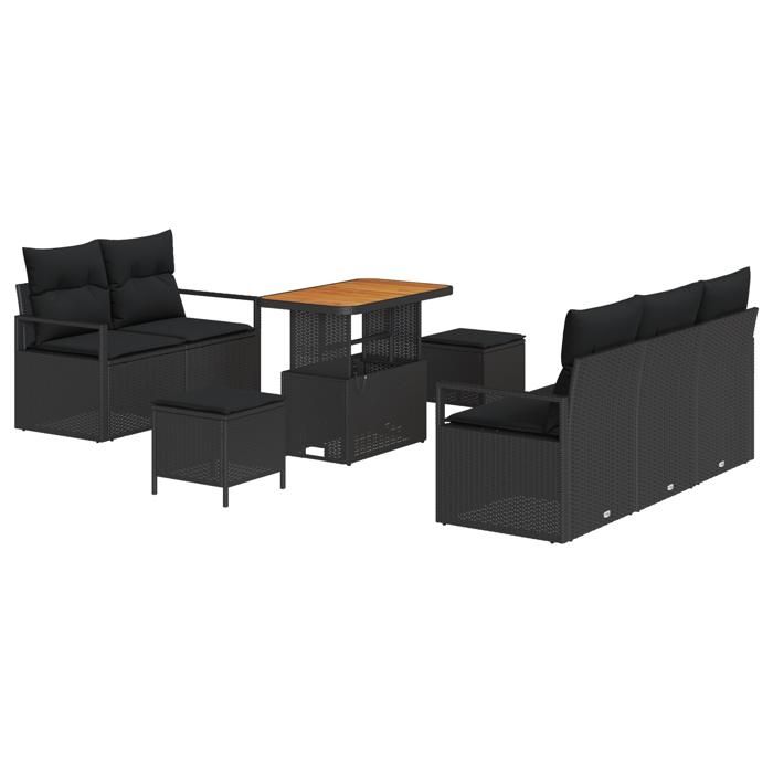 8-Piece Garden Canapés with Black Cushions Poly Rattan Acacia, 2-Seater Garden Sofa with Storage &; Cushions 3364419