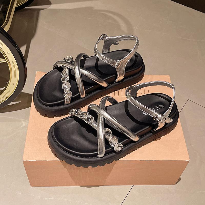 

Стразовые сандалии женские летние новая мода универсальные платформа пляжные повседневные сандалии 40 серебряный