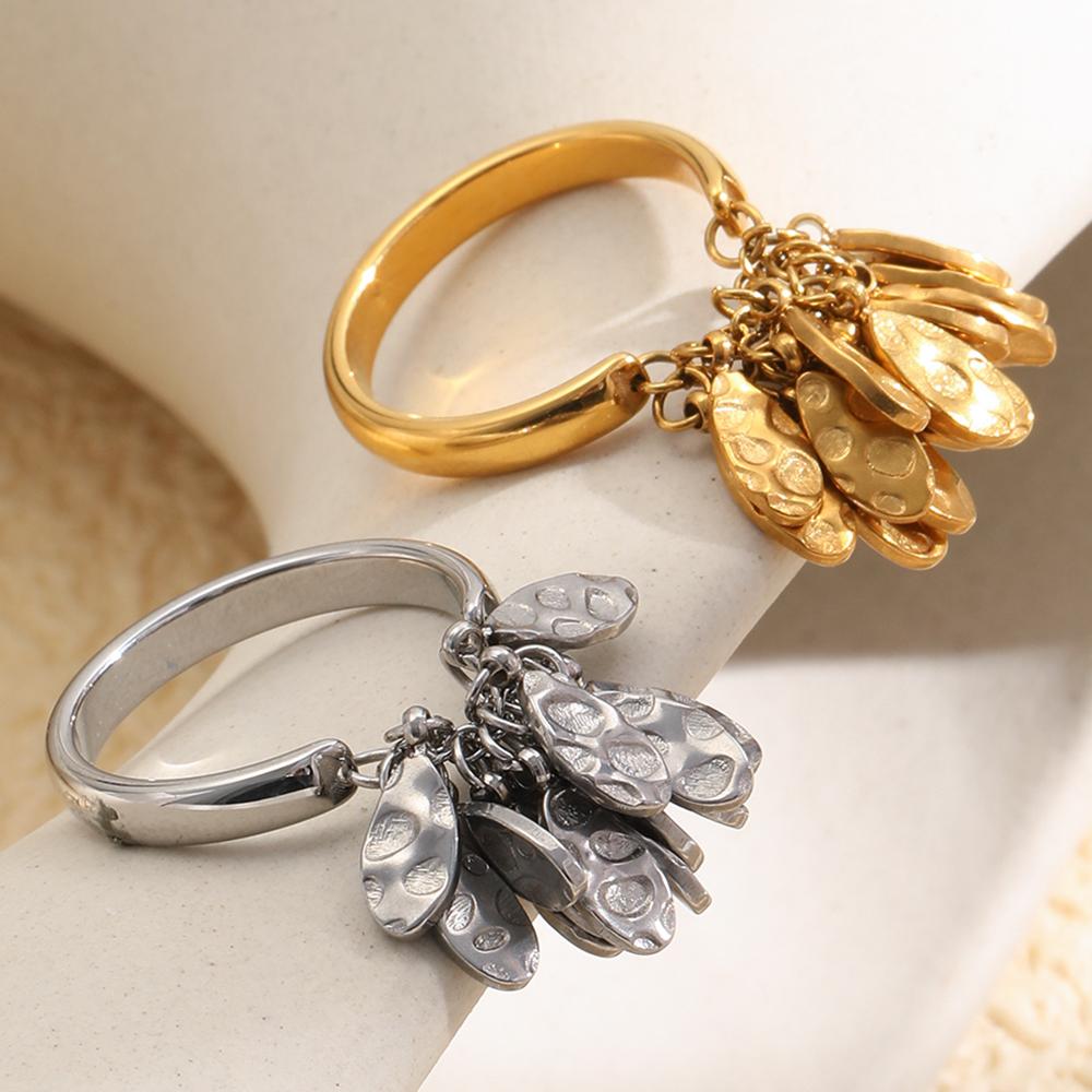 MamacitaSlay 316L Stainless Steel Hammered Teardrop Tassel Ring 18K Gold Plated Waterproof Jewelry For Women Trendy Dangle Rings