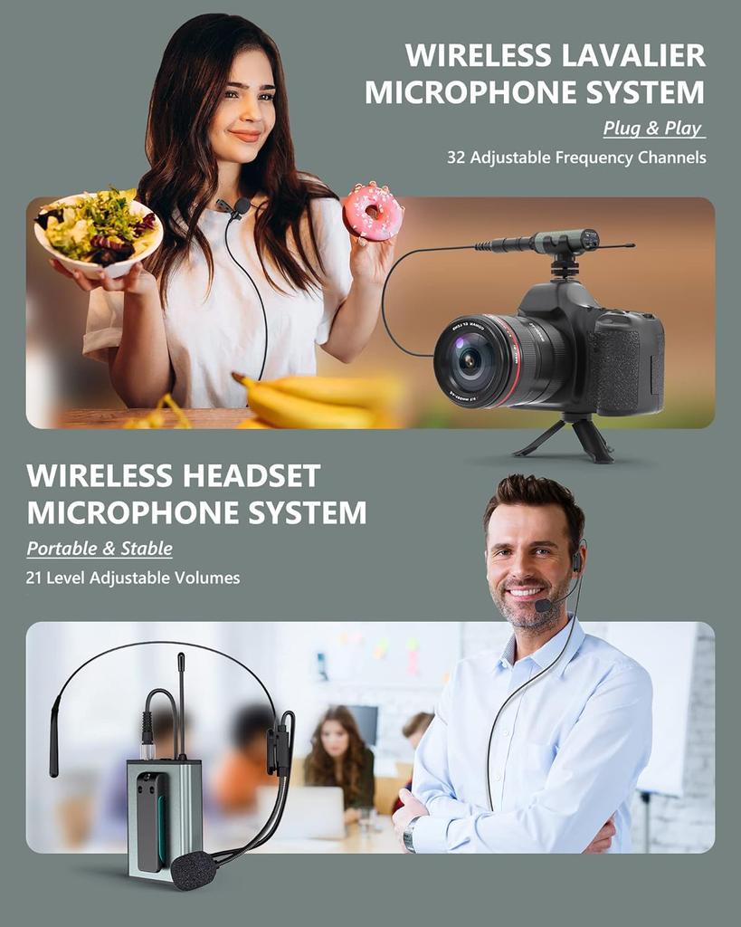 Rechargeable Wireless Microphone System PA Speaker Recording Microphone Headset/Stand/Lavalier Mic Bodypack Transmitter Receiver