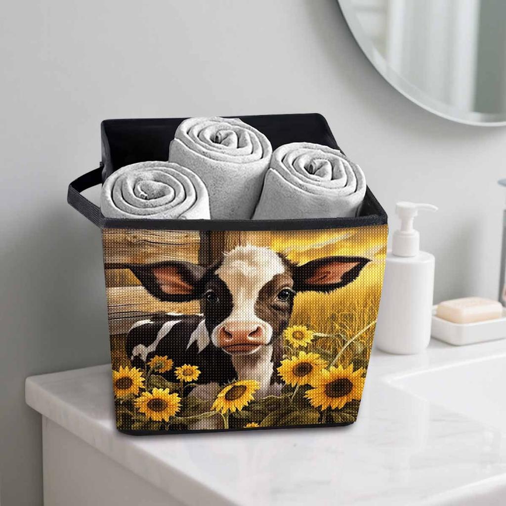 Blumen und Kühe 5D Diamantmalerei Aufbewahrungskorb Voll Runde Bohrer Mosaik Diamantstickerei Kreuzstich-Sets Heimdekor Heimdekor