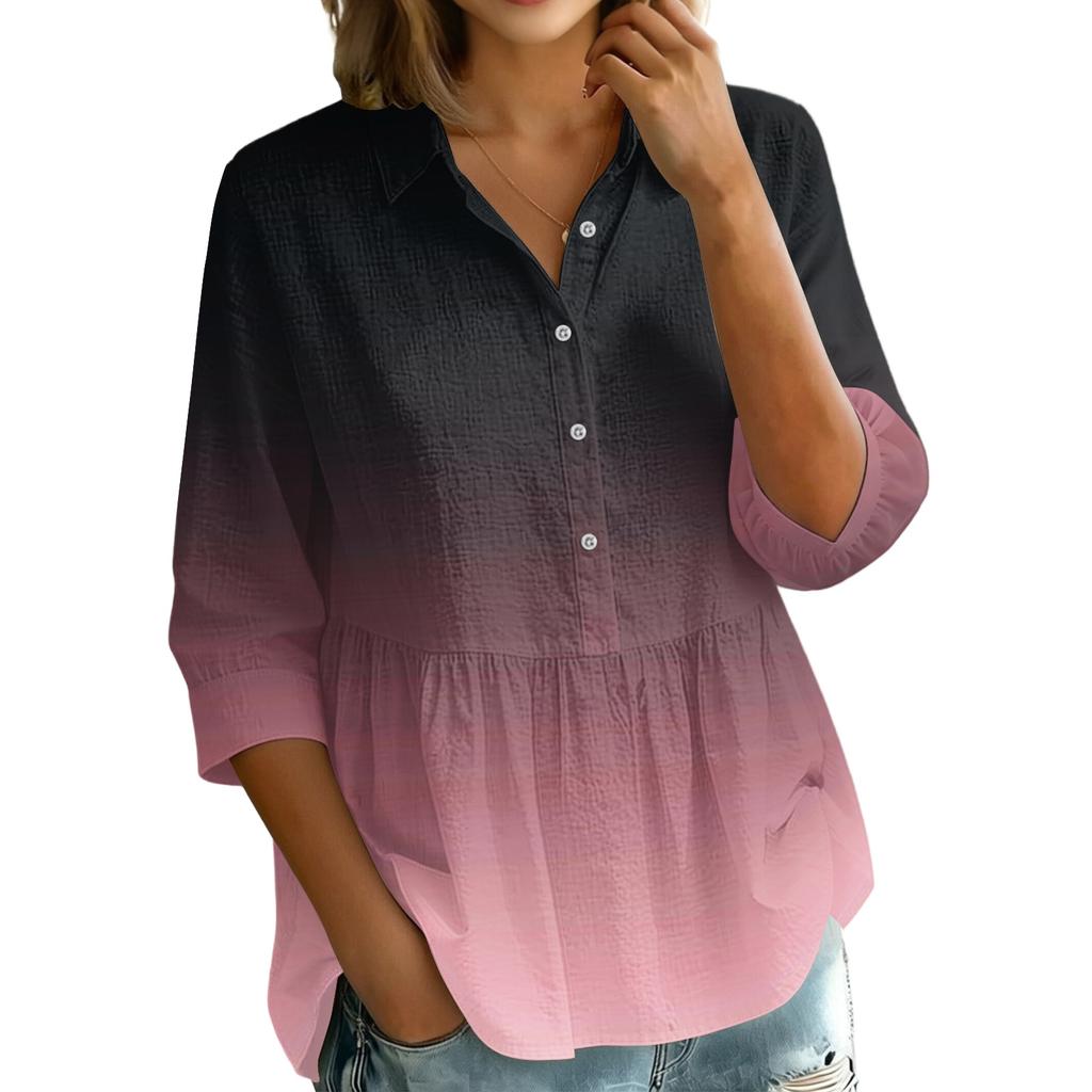 Women's Gradient Print Button Down Blouse - Three Quarter Sleeve, Notched Lapel, Loose Fit Casual Shirt Top