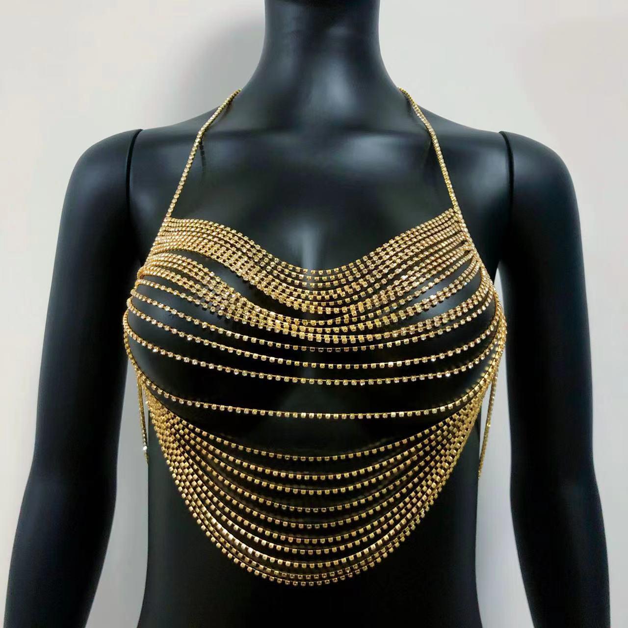 

Преувеличенная цепочка для тела со стразами для европейских и американских ночных клубов золотой