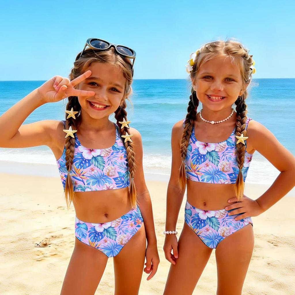 Girls Two Piece Swimsuit Set Hawaiian Print Tankini Top and High Waist Bottom Summer Beach Swimwear for Kids