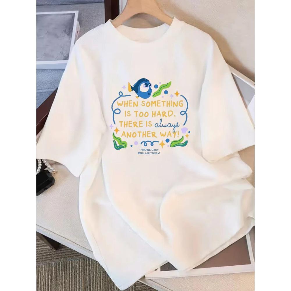 Trendy Cartoon Fish Korean Letter Print Casual White Short Sleeve T-Shirt Loose Fit Inspirational Quote Tee