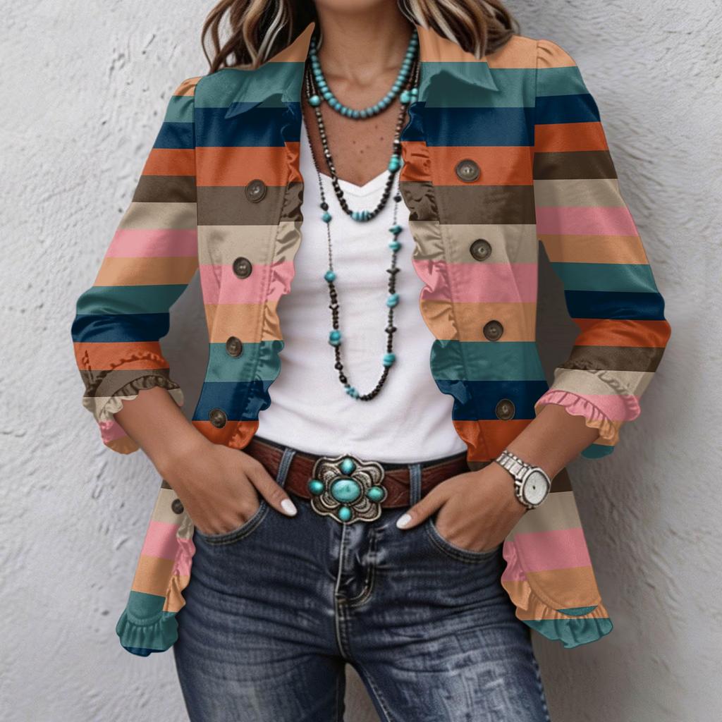 Women's Striped Print Long Sleeve Ruffle Button Front Shirt Jacket for Casual Wear