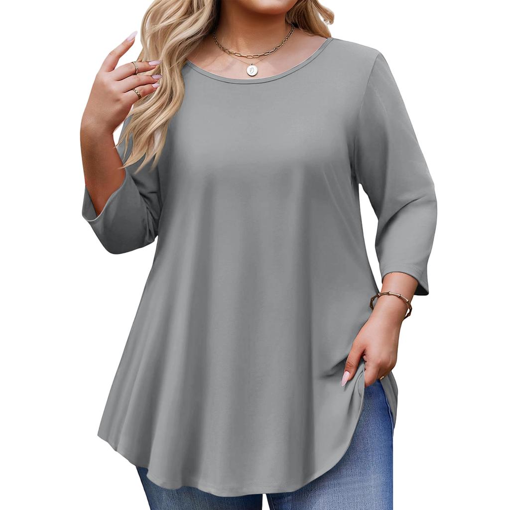 Women’s Plus Size 3/4 Sleeve Tunic Top Loose Fit Round Neck Casual Basic Blouse Soft Lightweight Fabric Comfortable Design