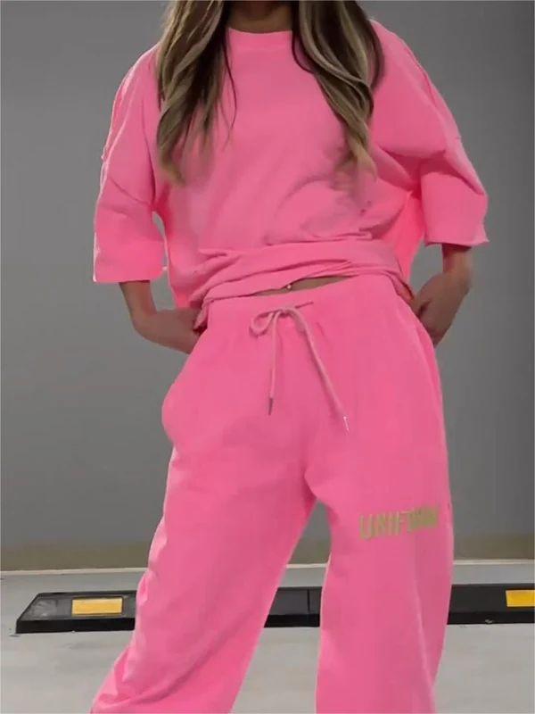Summer Fashion Hollowed Out O Neck T Shirt Women's 2 Piece Set Solid Color Casual Relaxed Tracksuit Pants Pocket Female Suit
