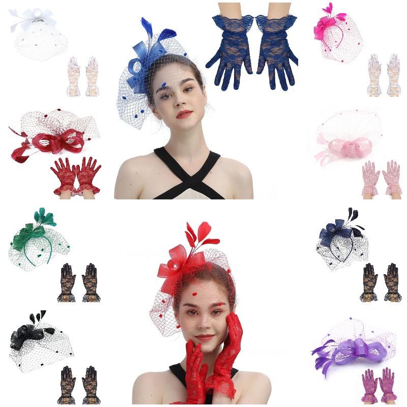 Oberoende Förpackning Spetshandskar Och Vintage Slöja Pannband Set För Bröllop Rese Souvenirer Personal Förmåner Ha5082 Set