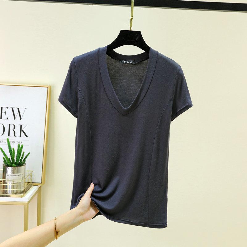 Plus size L to 6XL Modal V-Neck T-shirt Short sleeved Tees Women Ultra-thin Layering Top solid color base layer tops