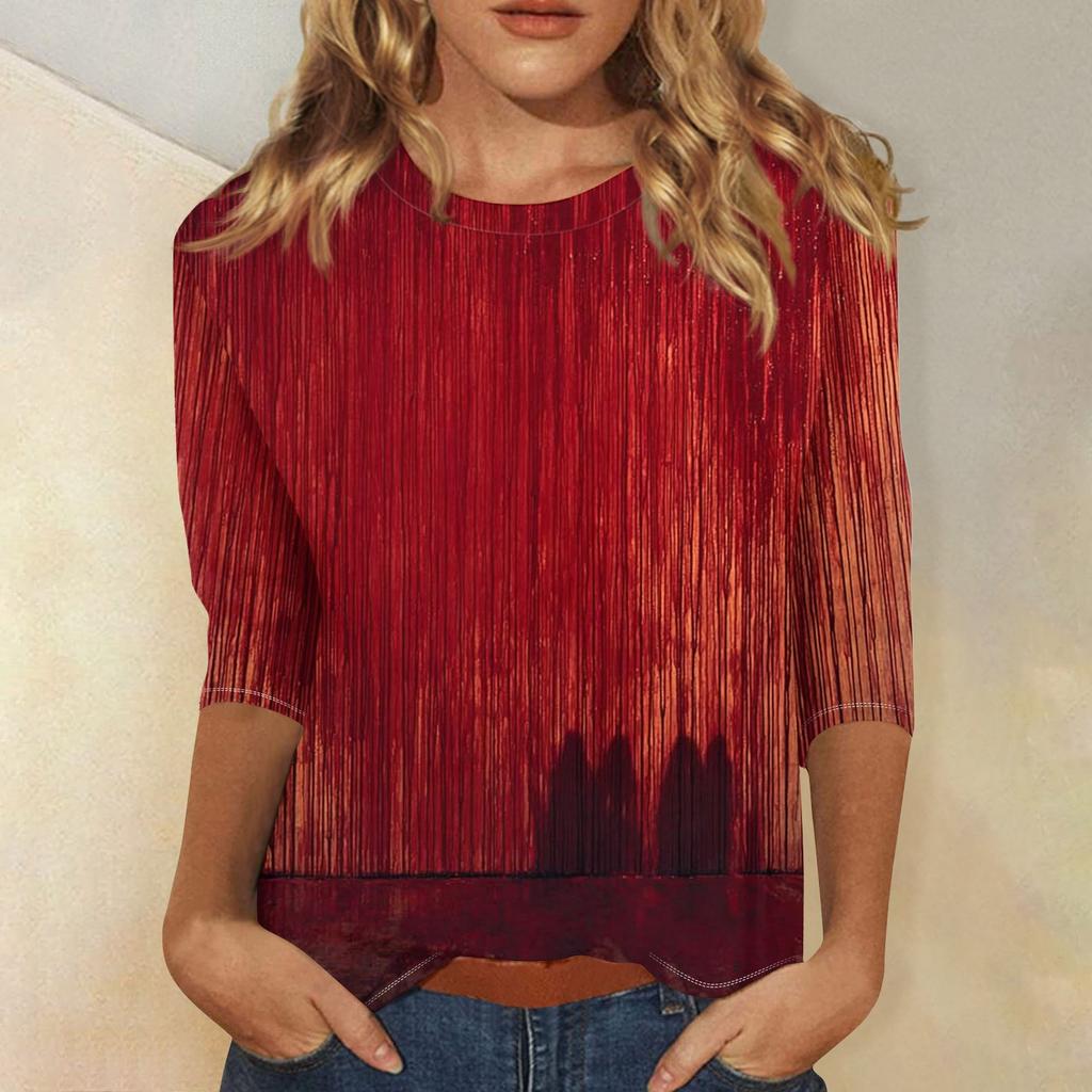 Women's Fashion Casual Round Neck 3/4 Sleeve Loose  Printed T-Shirt Ladies Top