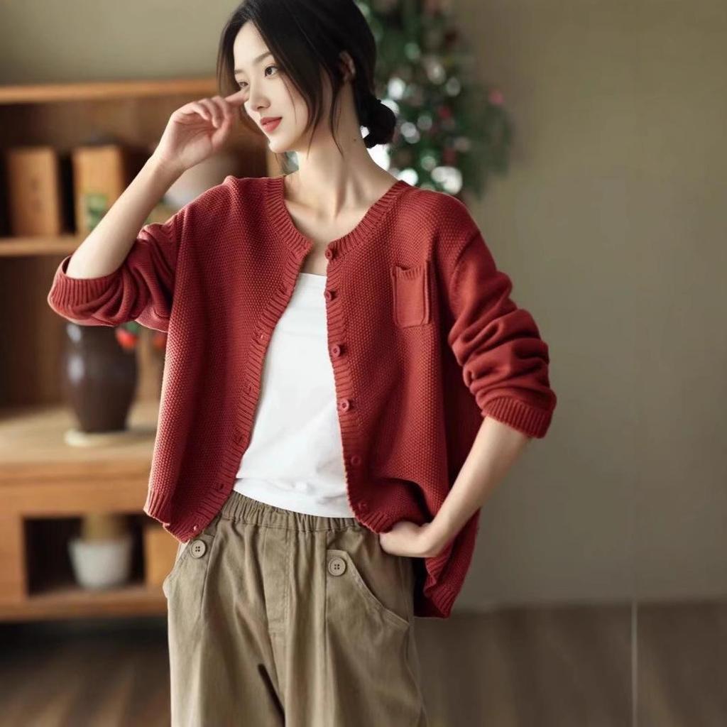 Damski kardigan dziergany w stylu koreańskim: Wiosna 2025 Luźny Top Wyszczuplający z Okrągłym Dekoltem