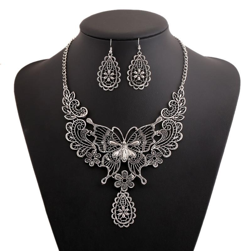 Fashion Hollowed Out Butterfly And Flower Design Women Necklace Earring Set For Women And Men