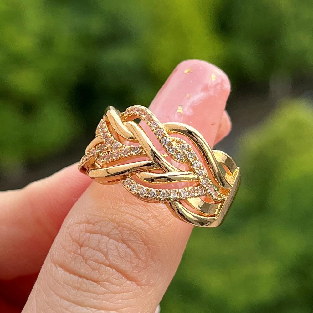 Multi-layer wound creative hollowed-out interwoven diamond-encrusted geometric twist rings for men and women
