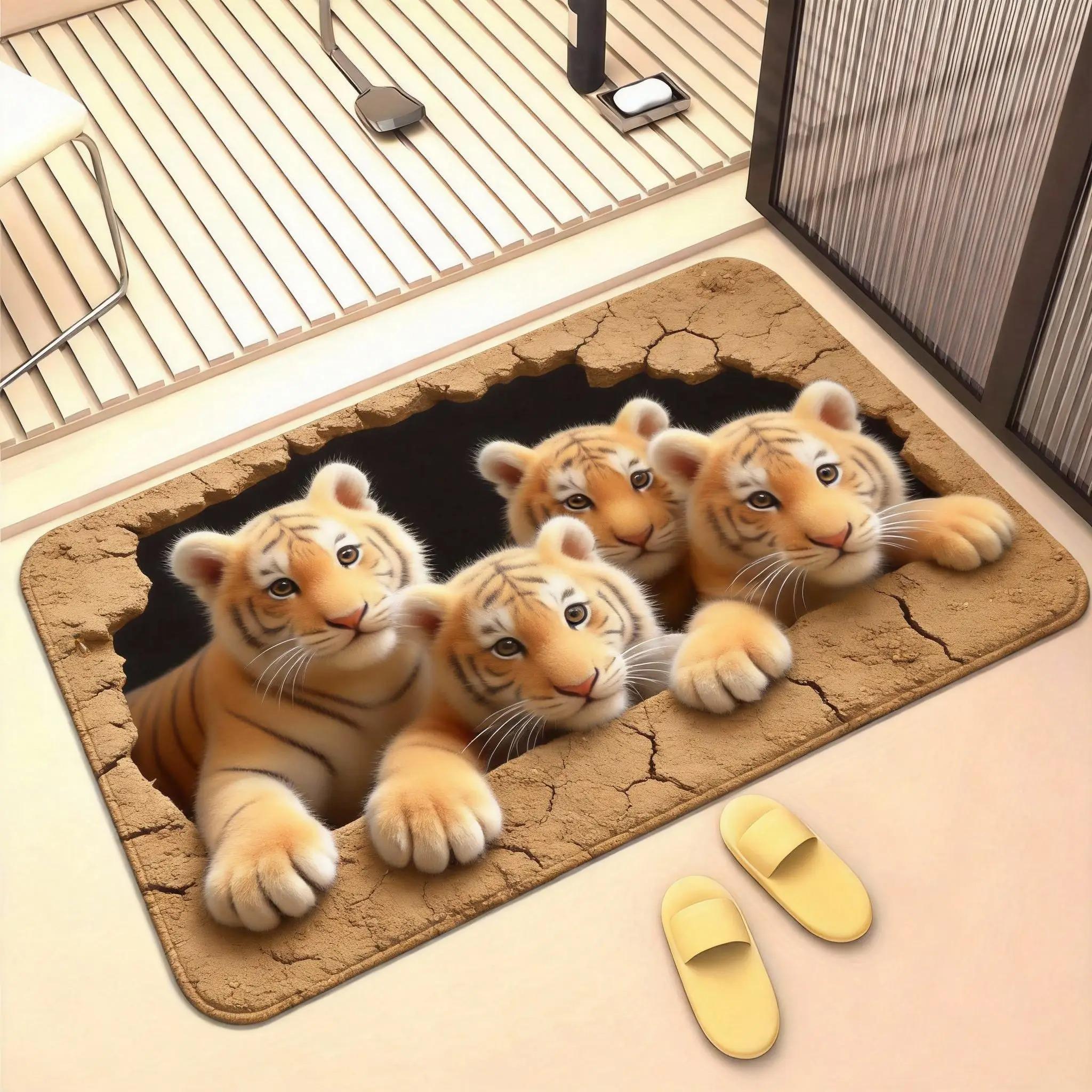 

2D Tiger Illusion Door Mat Realistic Breaking Through Wood Print Non-Slip Washable Carpet Entrance Rug for Bathroom Livingroom 40x60CM