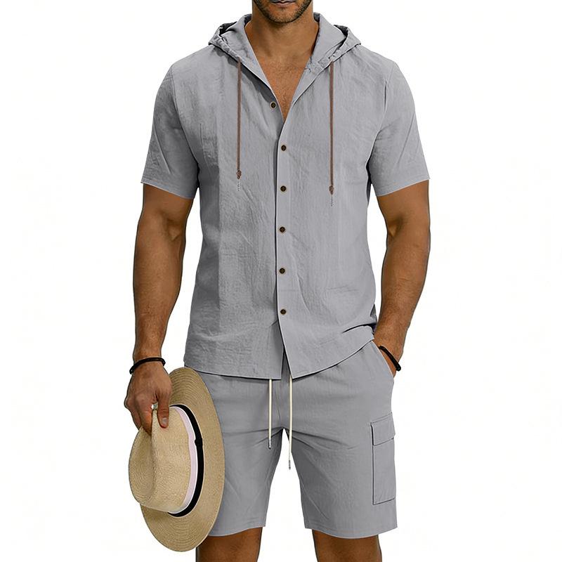 Men's Linen Hooded Shirt & Shorts Cardigan Set with Work Pants - Two-Piece Set in Stock.
