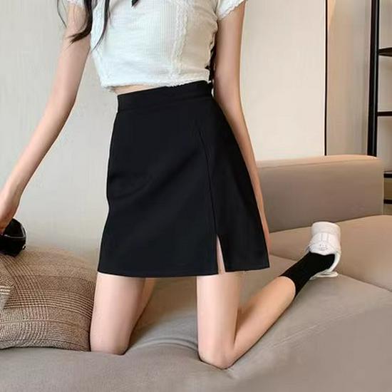 

Korean Style High-Waisted A-Line Midi Skirt - Petite-Friendly, Slimming, Solid Color, Hip-Covering, with Subtle Slits for a Versatile Casual Look. L чёрный