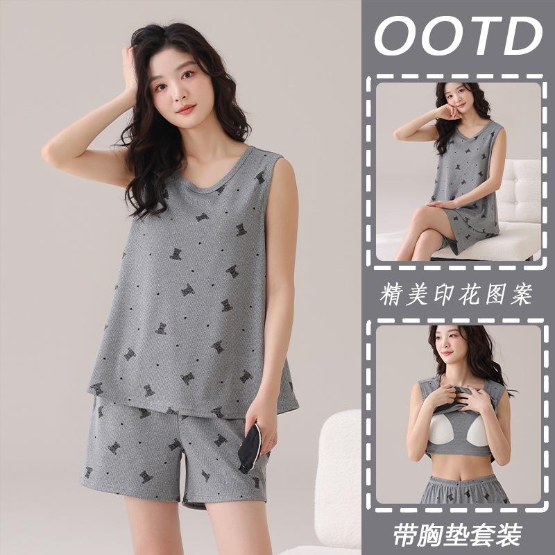 

Summer new product explosion [with chest pad] ice silk ribbed suit can be worn outside pajamas women s loungewear Women s m【 40-47.5kg 】