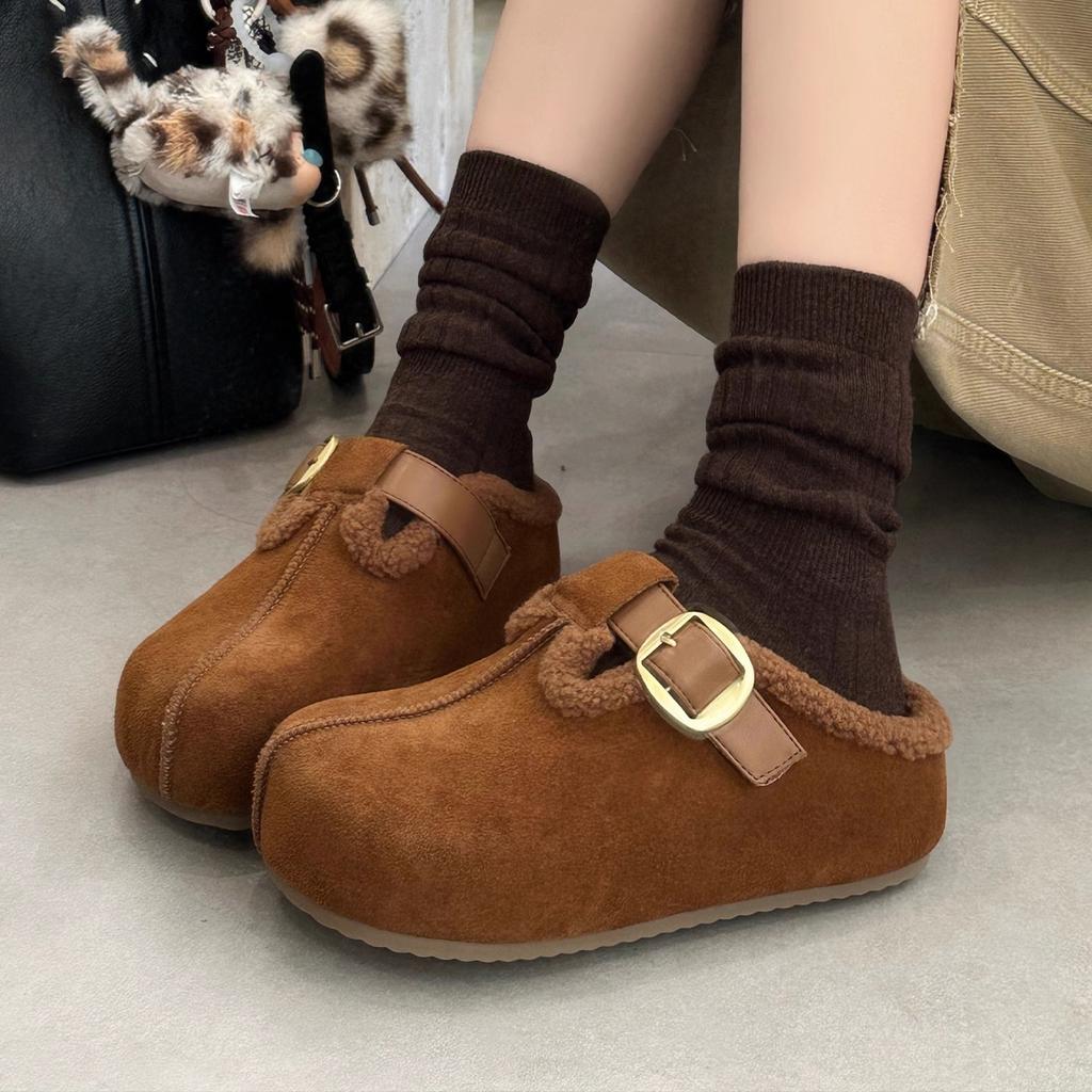 Frosted Cowhide Retro Platform Slippers Women's Shoes Winter New Lamb Wool Bag Head Half Slippers Cotton Shoes