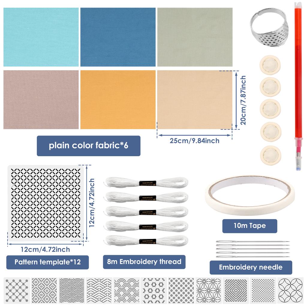 12Pcs Sashiko Stencils Kit Complete Sashiko Thread and Needles Thimble Set Denim Fabric Embroidery Kit for Beginners Quilting
