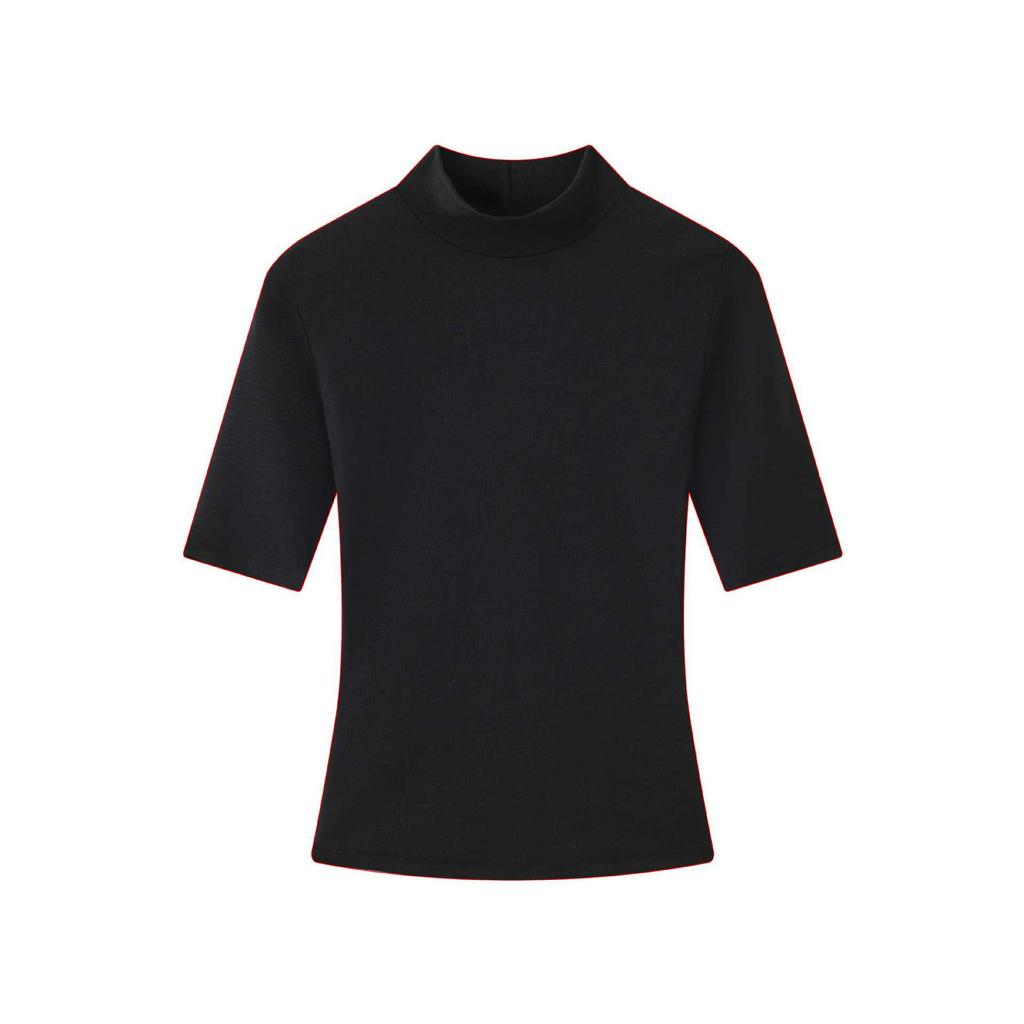 T-shirt Estiva Slim Fit Retrò in Tencel Lycra, Scollo Alto, Spalla Dritta, Manica a Cinque Quarti