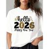 Women's Hello T-shirt, Hello Happy New Year Graphic Print T-Shirt, Women's Loose Casual Round Neck Short Sleeve Tee,