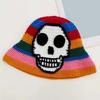 Striped Skull Design Crochet Bucket Hat Crocheted Acrylic Knit For Outdoor Stretchy Unisex Fit