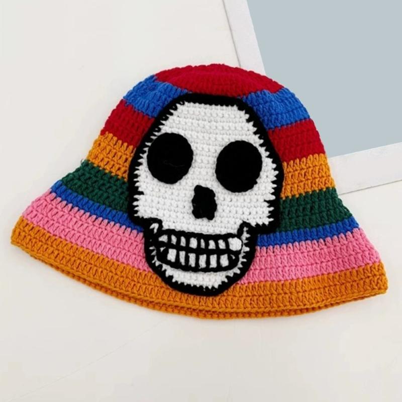 Striped Skull Design Crochet Bucket Hat Crocheted Acrylic Knit For Outdoor Stretchy Unisex Fit