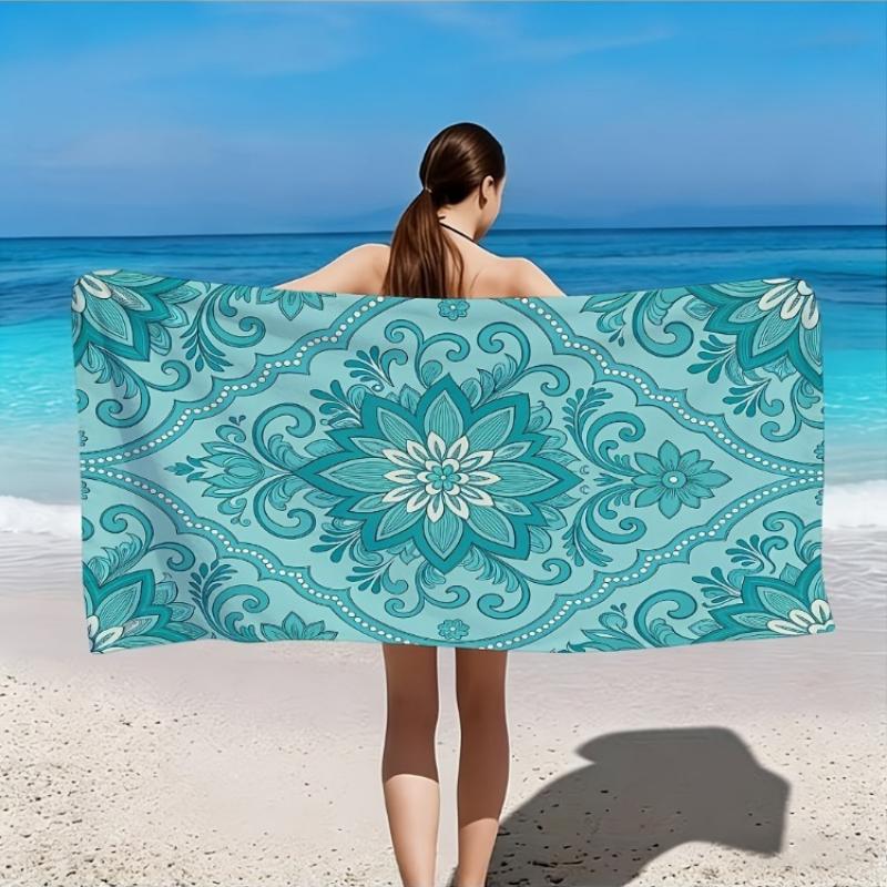 

1pc, Teal Green Vintage Floral and Scrollwork Pattern Beach Towel, Soft and Skin-friendly, Lint-free, Easy to Wash, Long-lasting W30*H60(CM)
