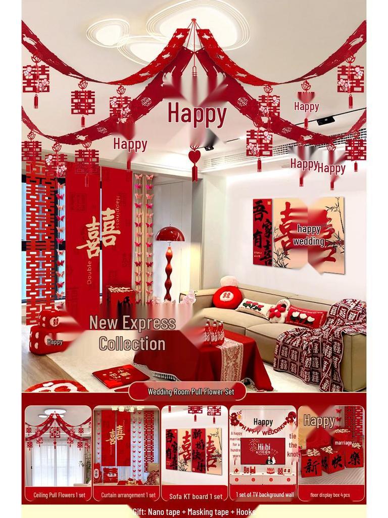 Bridal Bedroom & Living Room Decoration Set: Double Happiness Wall Stickers for Newlyweds