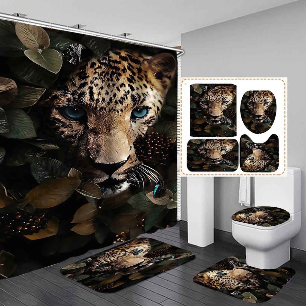4Pcs Leopard Series Shower Curtain Sets for Bathroom Non-Slip Bathroom Rugs Lid Toilet Cover Bath Mat