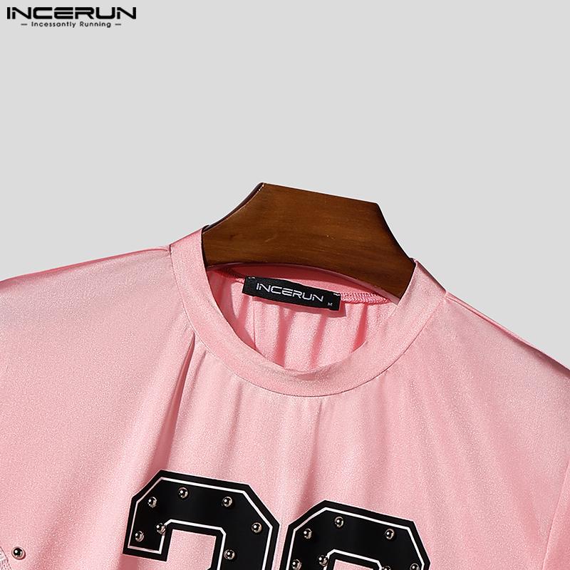 INCERUN Men O Neck Short Sleeve Letter Print Lace Patchwork Irregular Tops T-shirts