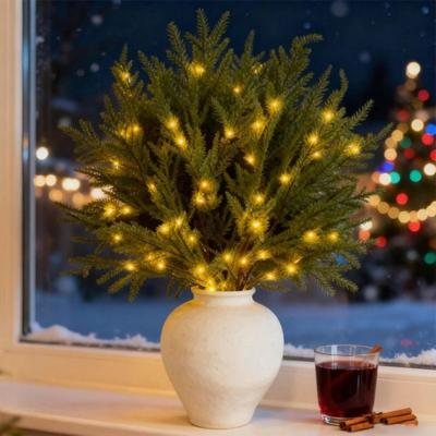 5/10Pcs Lighted Norfolk Pine Branches Christmas Artificial Pine Needle Stem with LED Light Pre-Lit Fake Greenery Plants Pick Party Decoration